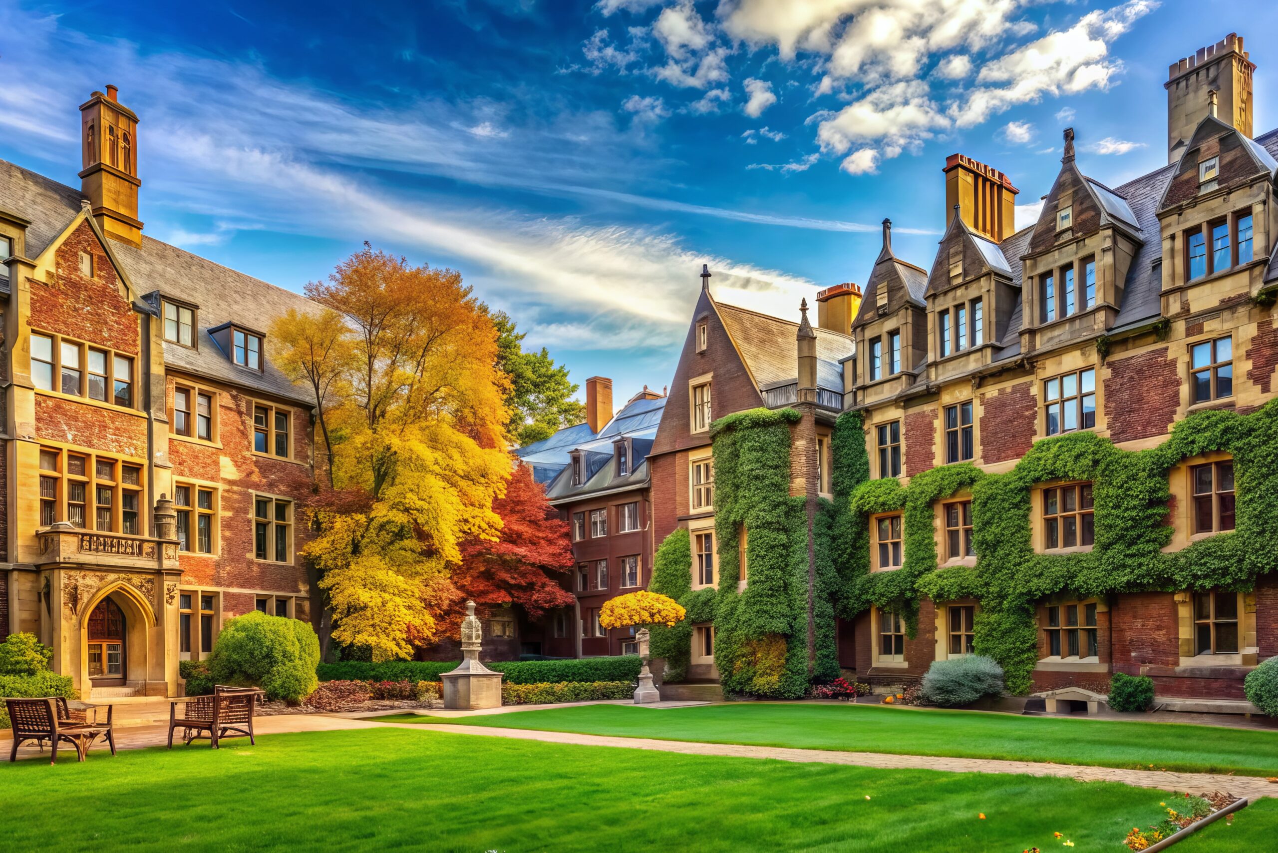 Historic academic buildings with ornate facades and lush greenery surround a bustling quadrangle on a picturesque autumn day at an esteemed Ivy League institution.